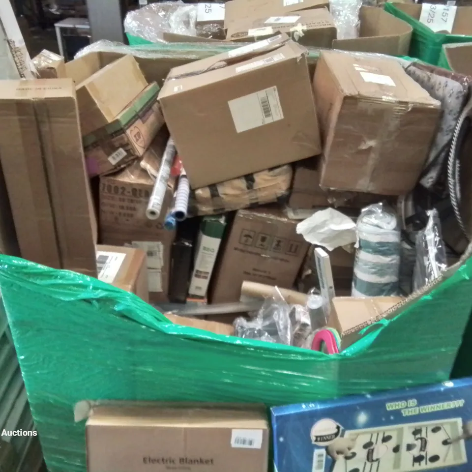 PALLET CONTAINING VARIOUS BOXED HOUSEHOLD ITEMS TO INCLUDE: MEAT GRINDER,  PULL UP BAR, VACUUM CLEANER,  ELECTRIC BLANKETS, SANITARY PUMPS AND LOTS MORE UNMARKED BOXED ITEMS.