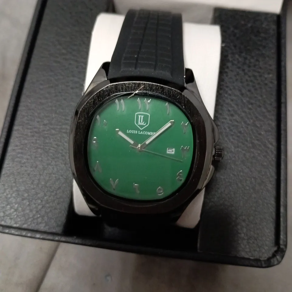 MENS LOUIS LACOMBE WATCH – GREEN DIAL WITH DATE – BLACK RUBBER STRAP
