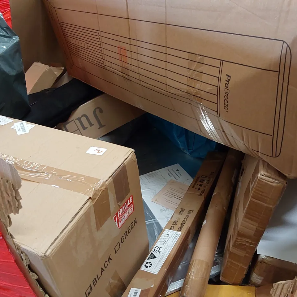 PALLET OF ASSORTED ITEMS INCLUDING: BLADELESS PURIFIER & HEATER FAN, AIR MULTIPLIER FAN, DAY AND NIGHT ROLLER BLIND, BATH CUSHION, WINDOW BLINDS