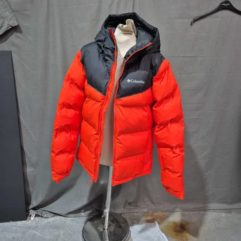 COLUMBIA ORANGE & BLACK PUFFER JACKET WITH HOOD, SIZE S