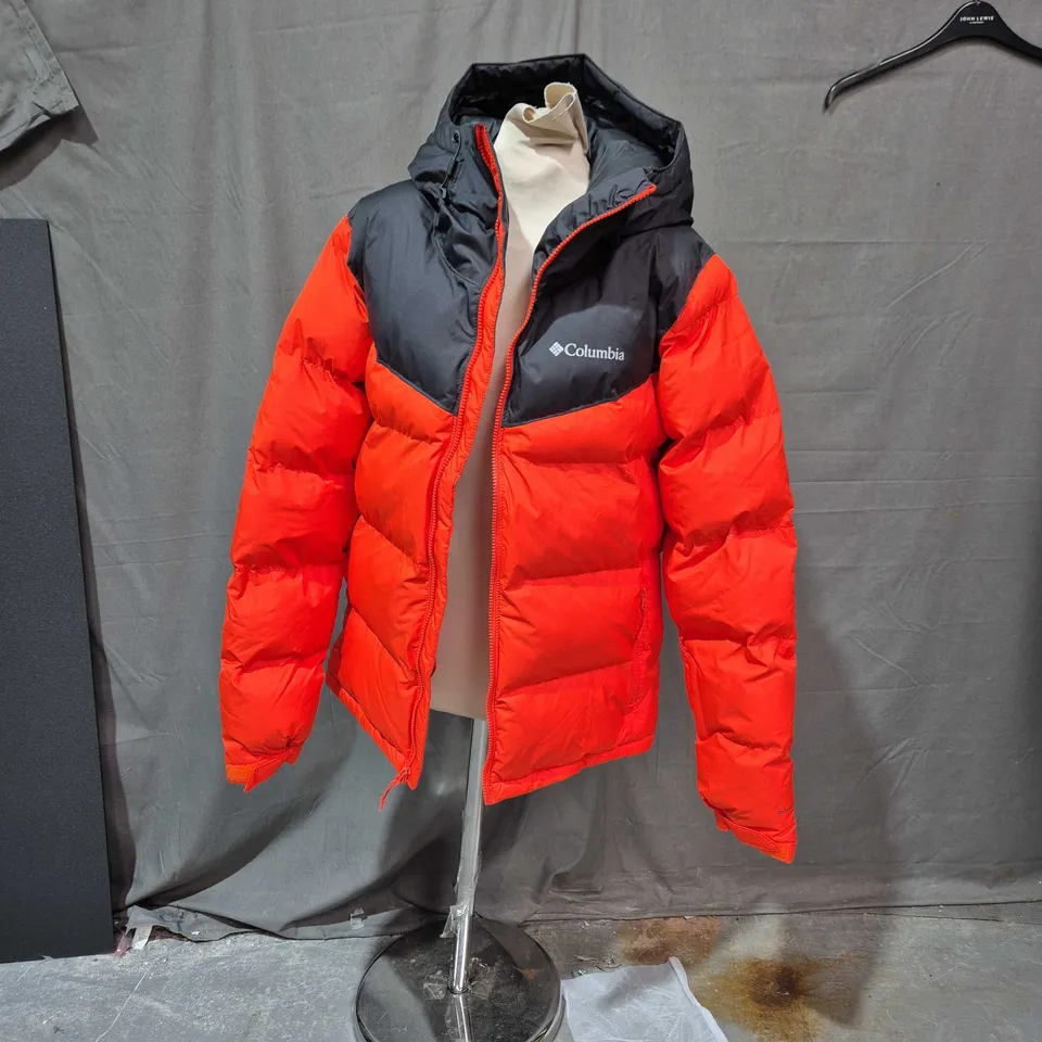 COLUMBIA ORANGE & BLACK PUFFER JACKET WITH HOOD, SIZE S