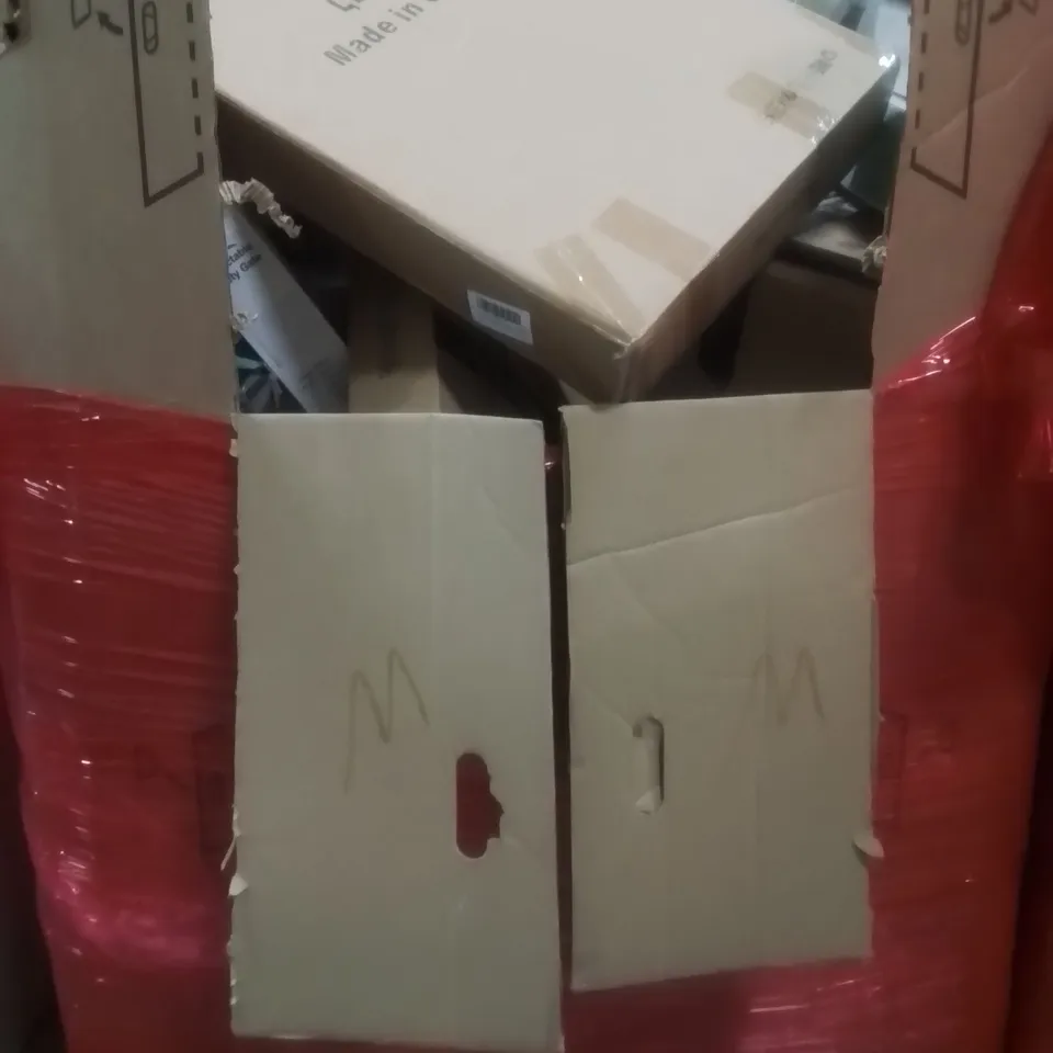 PALLET CONTAINING ASSORTED ITEMS TO INCLUDE:RETRACTABLE SAFETY GATE, LED FAN LIGHT AND WALL MOUNTED PULL UP BAR ETC...