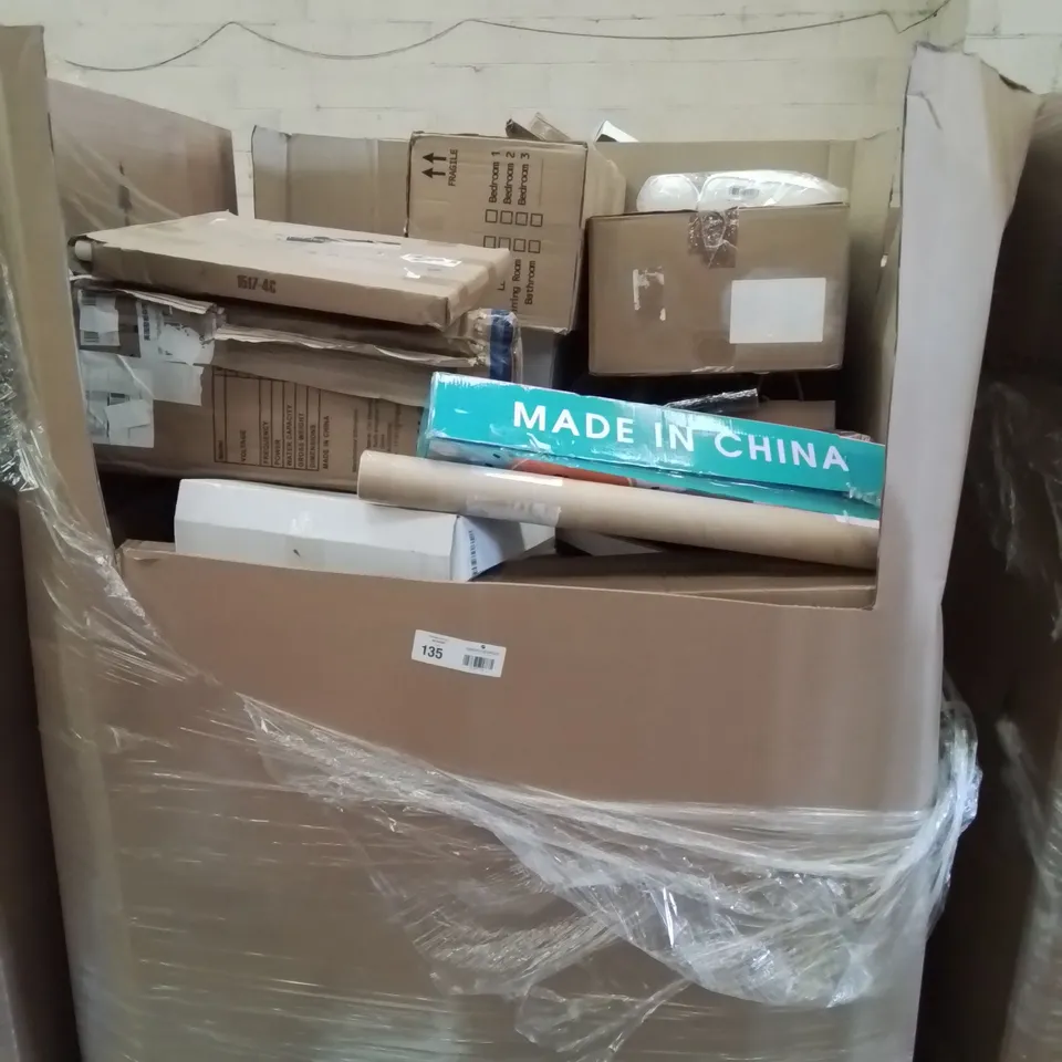 PALLET OF ASSORTED PRODUCTS, INCLUDING, UVISH RAIN & HANDHELD SHOWER SYSTEM, PT BED CANE, WALL CLOCK, 52" REMOTE CONTROL LED CEILING LIGHT & FAN