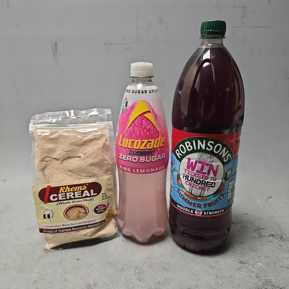 APPROXIMATELY 6 ASSORTED FOOD & DRINK ITEMS TO INCLUDE - ROBINSONS SUMMER FRUITS , LUCOZADE PINK LEMONADE , RHEN CEREAL 