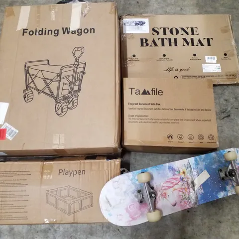 PALLET CONTAINING ASSORTED PRODUCTS INCLUDING FOLDING WAGON, STONE BATH MAT, FIREPROOF DOCUMENT SAFE BOX, PLAYPEN & SKATEBOARD 