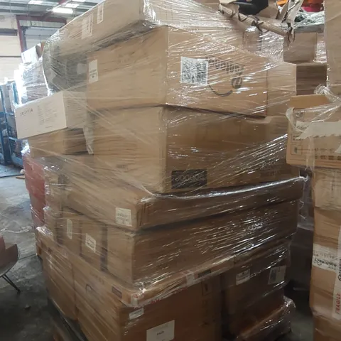 PALLET CONTAINING A LARGE ASSORTMENT OF CONSUMER PRODUCTS INCLUDING: INTELLIGENT FAN LIGHT, SINGLE STAR SINK WITH COUNTERTOP BOTTOM FRAME, PERGOLA, CHAIR PARTS ECT