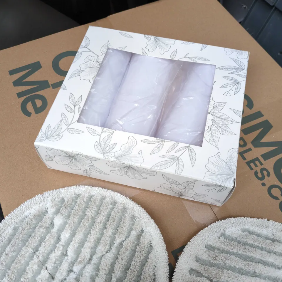 TWO WHITE ROUND BATH MATS WITH BOXED TOWEL SET INCLUDED IN A BOX OF ASSORTED HOUSE HOLD ITEMS. 