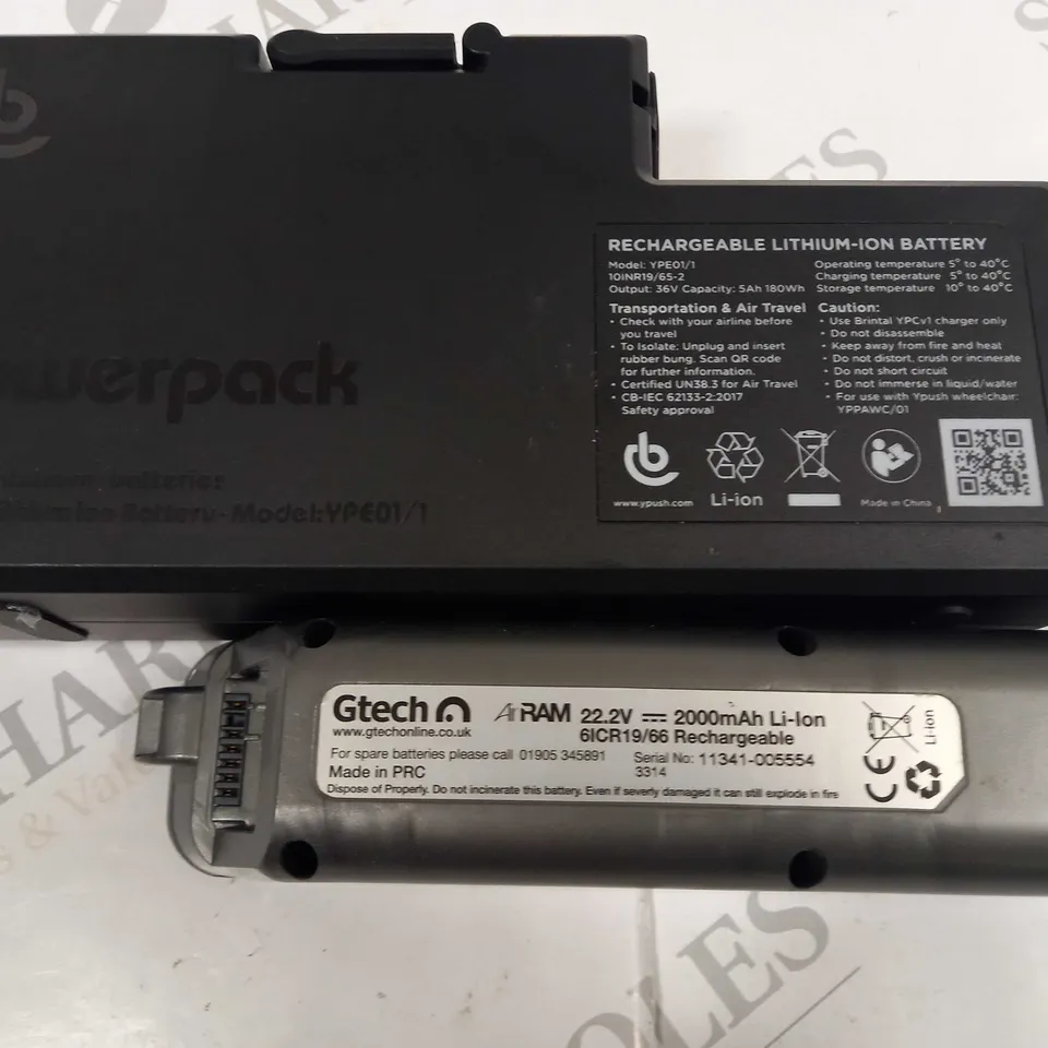 LOT OF 2 UNBOXED BATTERIES TO INCLUDE GTECH AIR RAM AND BRINTAL 36V POWER PAK