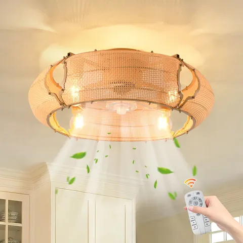 BOXED 53CM BOHO RATTAN FARMHOUSE CAGED REVERSIBLE CEILING FAN WITH LIGHT 