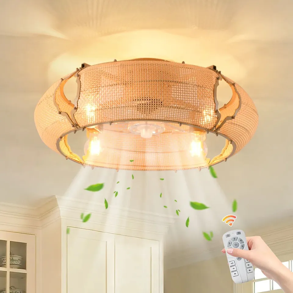 BOXED 53CM BOHO RATTAN FARMHOUSE CAGED REVERSIBLE CEILING FAN WITH LIGHT 