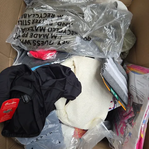 LARGE BOX OF ASSORTED CLOTHING ITEMS IN VARIOUS SIZES, STYLES AND COLOUR 