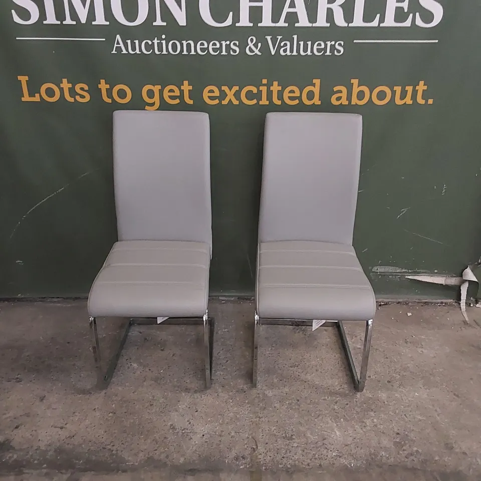 SET OF 2 PERTH LIGHT GREY LEATHER DINING CHAIRS WITH CHROME LEGS 