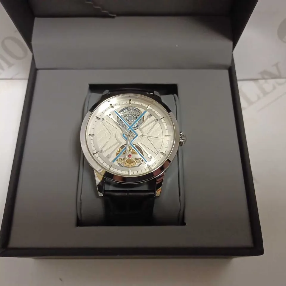 MENS VONLANTHEN AUTOMATIC WATCH – SILVER AND BLUE TEXTURED DIAL - GLASS EXHIBITION BACKCASE – BLACK LEATHER STRAP