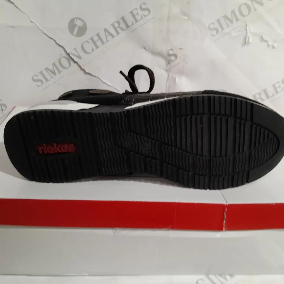 BOXED PAIR OF RIEKER HIGH TOP MIX MATERIAL TRAINER BOOTS IN BLACK UK SIZE 4