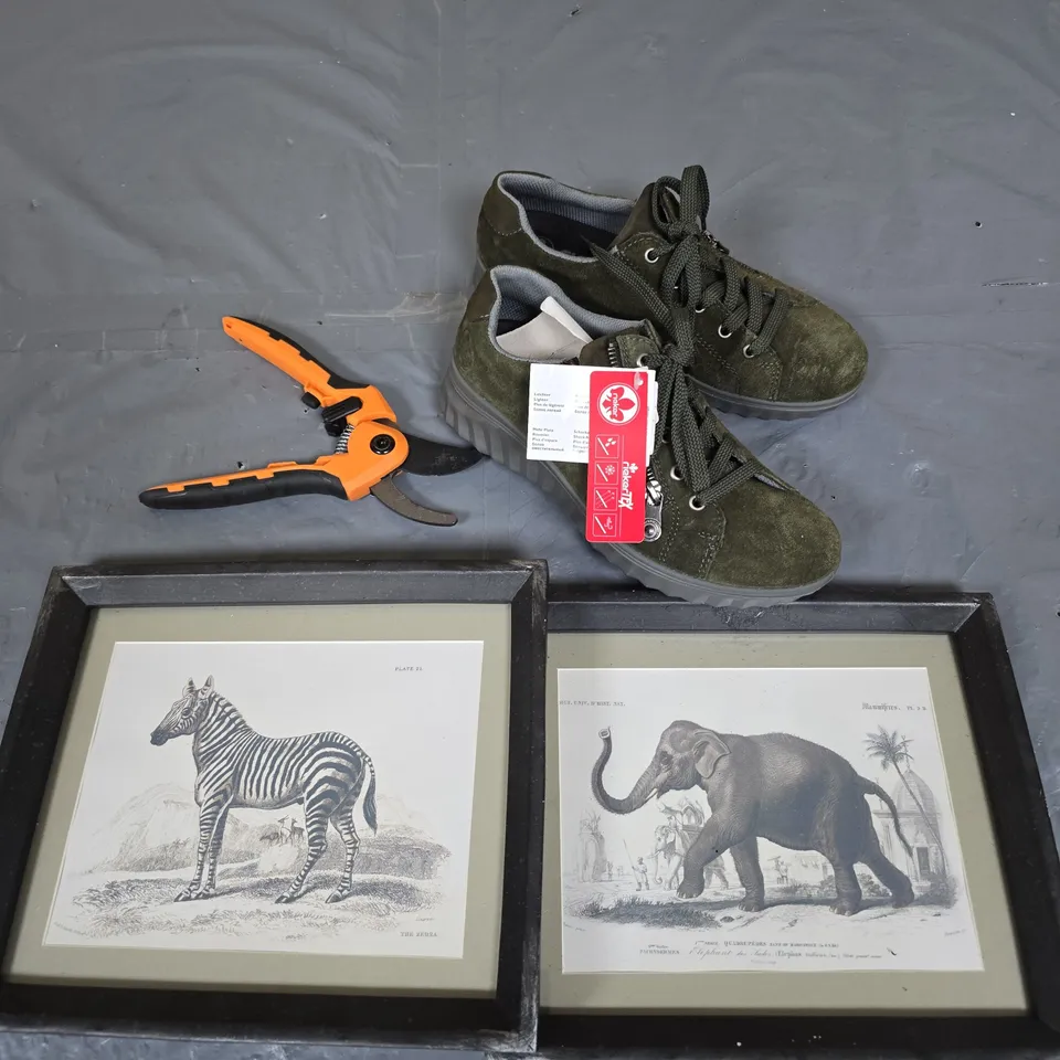 APPROXIMATELY 20 ASSORTED CLOTHING & HOUSEHOLD PRODUCTS TO INCLUDE SHOES, PICTURE FRAMES, SHEERS ETC 