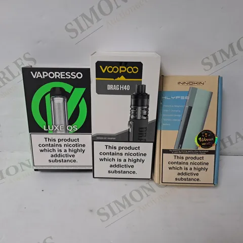 APPROXIMATELY 20 ASSORTED E-CIGARETTE PRODUCTS TO INCLUDE VAPORESSO LUXE QS, VOOPOO DRAG H40, INNOKIN KLYPSE