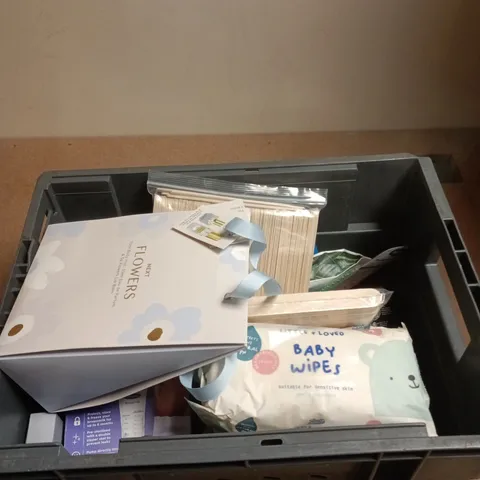 BOX OF APPROXIMATELY 10 ASSORTED BEAUTY PRODUCTS INCLUDING NEXT FLOWERS BODY MIST, EAU DE PARFUM AND LIB BALM, BOOTS BABY WIPES AND WISDOM CLEAN BETWEEN BRUSHES