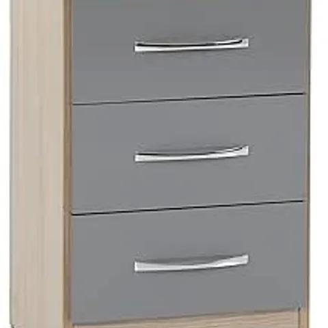 BOXED NEVADA 3 DRAWER BEDSIDE - GREY GLOSS/LIGHT OAK (1 BOX)