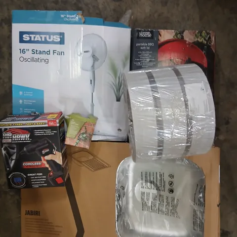 PALLET OF ASSORTED PRODUCTS TO INCLUDE;JABIRI STAINLESS STEEL SINK, AIR HAWK PRO TYRE INFLATOR, STATUS STAND FAN, DIGITAL WATER TIMER AND PORTABLE BBQ