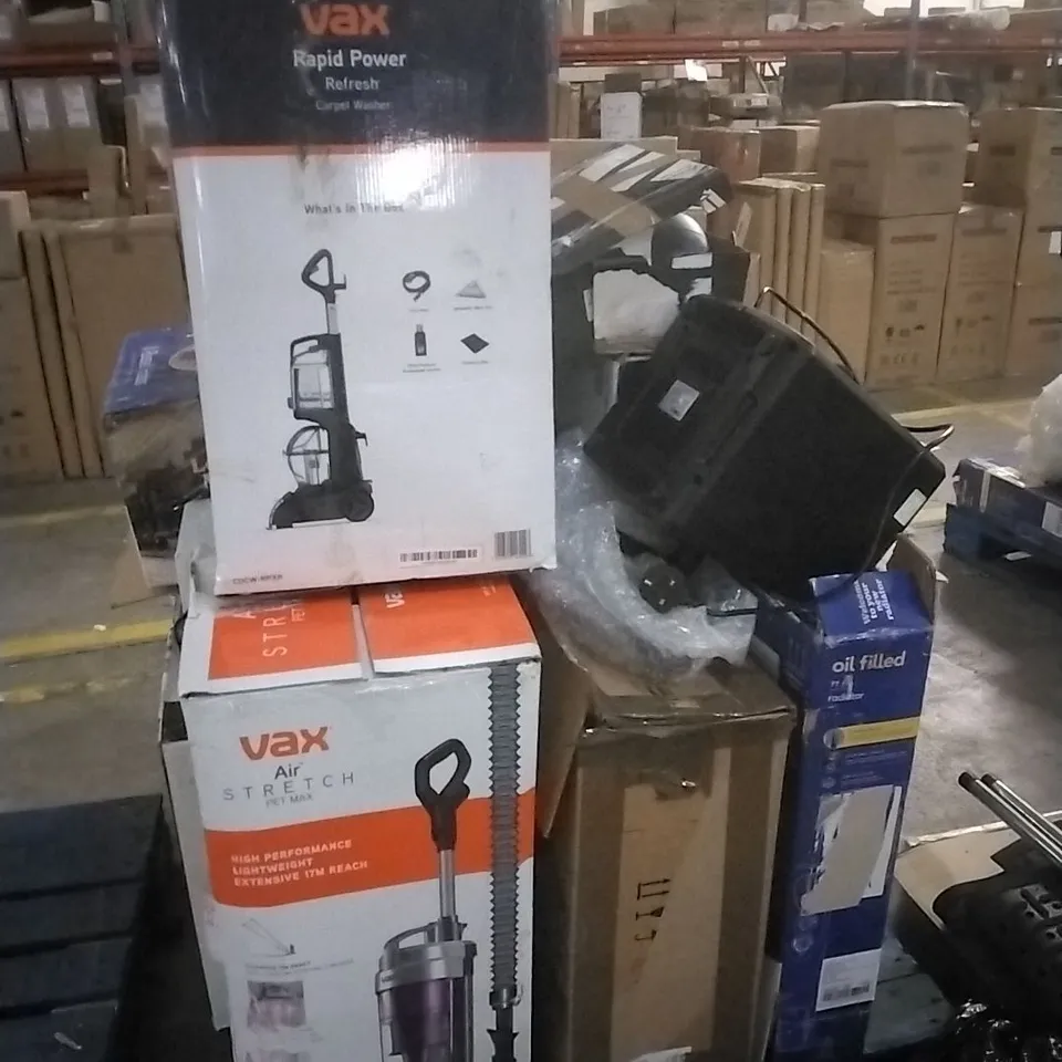 PALLET OF ELECTRICAL ITEMS AND HOUSEHOLD GOODS TO INCLUDE;VAX STEAM FRESH,MICROWAVE, OIL FILLED RADIATOR ETC...