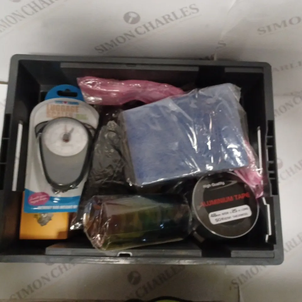 APPROXIMATELY 15 HOUSEHOLD ITEMS TO CONTAIN ALUMINIUM TAPE, PORTABLE LUGGAGE SCALES, WEEKLY TAIMANI WEEKLY PILL CASE ETC 