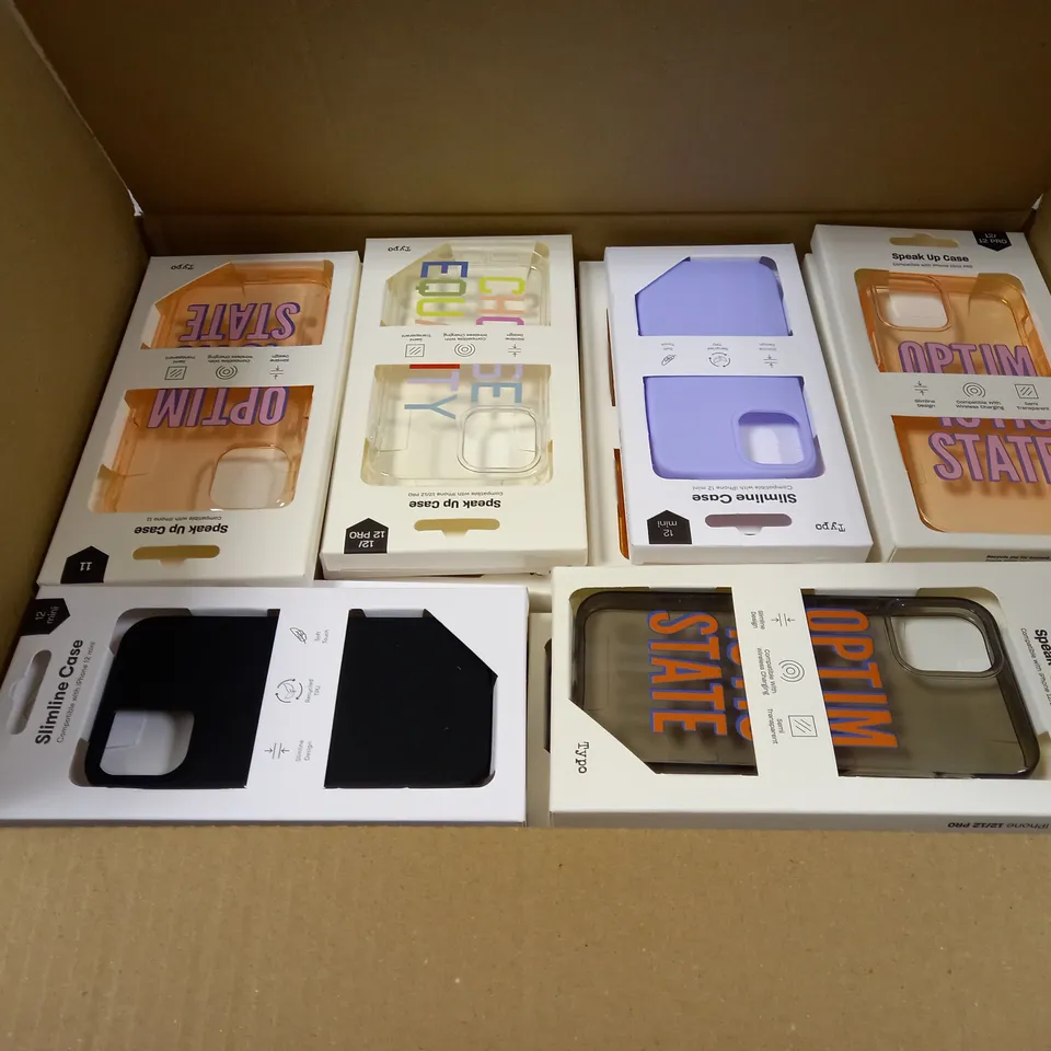 BOX OF APPROXIMATELY 51 TYPO PHONES CASES ('SLIMLINE CASE' & 'SPEAK UP CASE') FOR IPHONE 11, 12 MINI, 12/12PRO IN VARYING COLOURS
