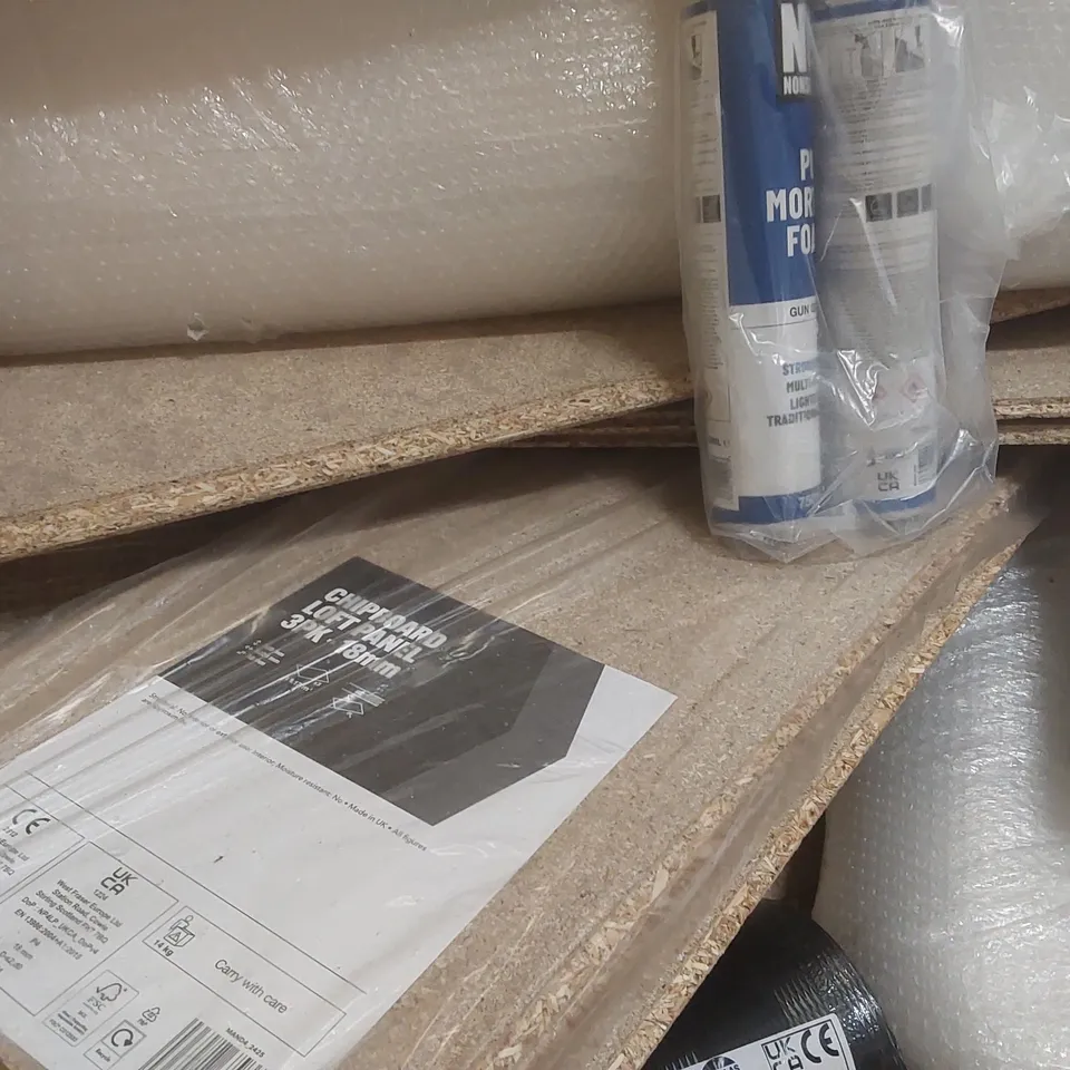 PALLET CONTAINING A VERY LARGE QUANTITY OF TOOLS AND ASSORTED EQUIPMENT INCLUDING: TOUGH PATCH POTHOLE REPAIR, DAMP PROOF COURSE, READY MIXED PLASTER, PU MORTAR FOAM, CHIPBOARD LOFT PANEL ECT