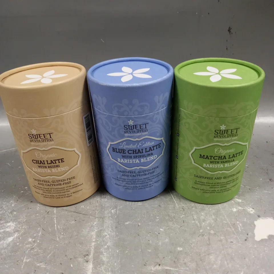 3 X SEALED SWEET REVOLUTION DRINKS PACKS TO INCLUDE CHAI LATTE, MATCHA LATTE, BLUE CHAI ETC 