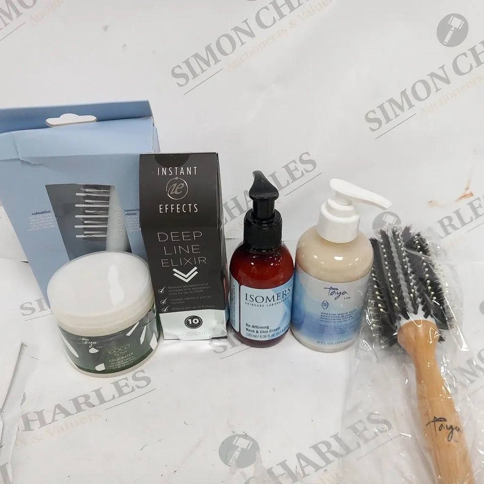 APPROXIMATELY 6 ASSORTED COSMETICS PRODUCTS TO INCLUDE; TAYA BRUSH, TAYA WHITE CLAY THICKENING CREAM, ISOMERS NECK AND CHIN CREAM, INSTANT EFFECTS DEEP LINE ELIXIR, TAYA COCO WATER AND HAIR SHARK RETR