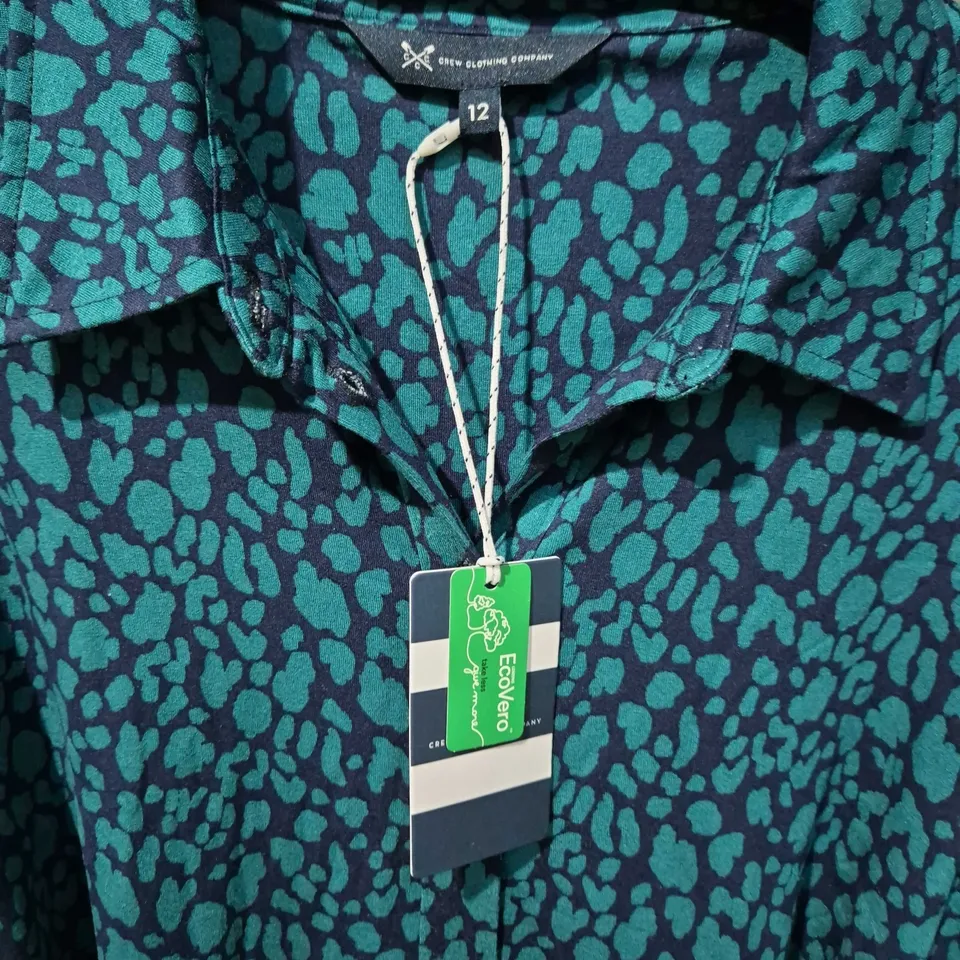 CREW CLOTHING COMPANY TEAL ANIMAL-PRINT SHIRT DRESS, SIZE UK 12