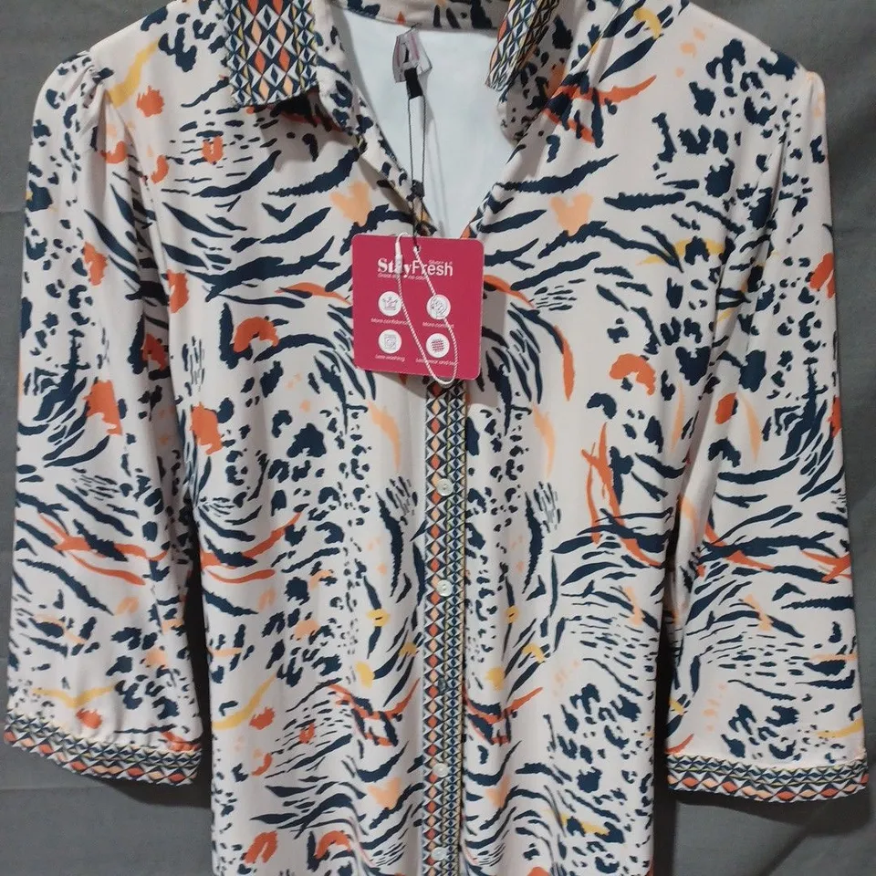 K DESIGN BUTTON SHIRT ANIMAL PRINT DRESS IN WHITE/MULTI - XXL