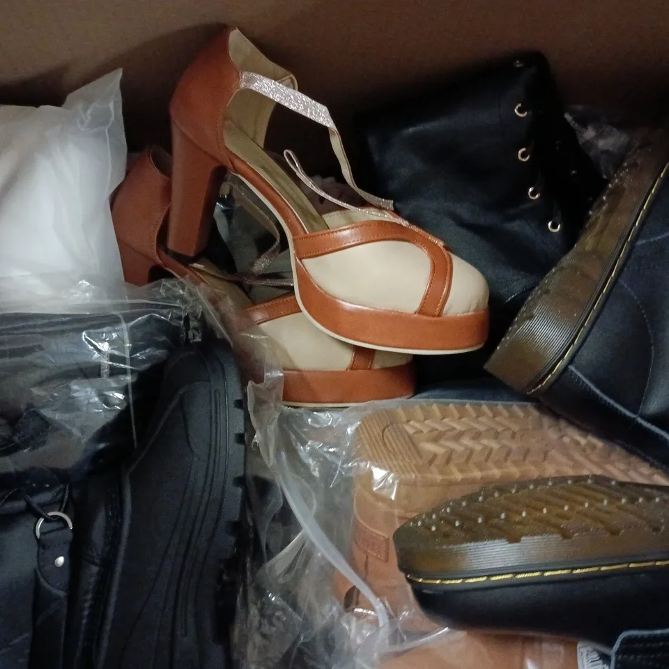 BOX OF APPROXIMATELY 15 ASSORTED PAIRS OF SHOES AND FOOTWEAR ITEMS IN VARIOUS COLOURS, STYLES, AND SIZES - COLLECTION ONLY