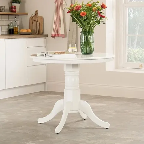 BOXED KINGSTON ROUND WHITE 90CM DINING TABLE, INCOMPLETE 1 BOX OUT OF 2 ONLY