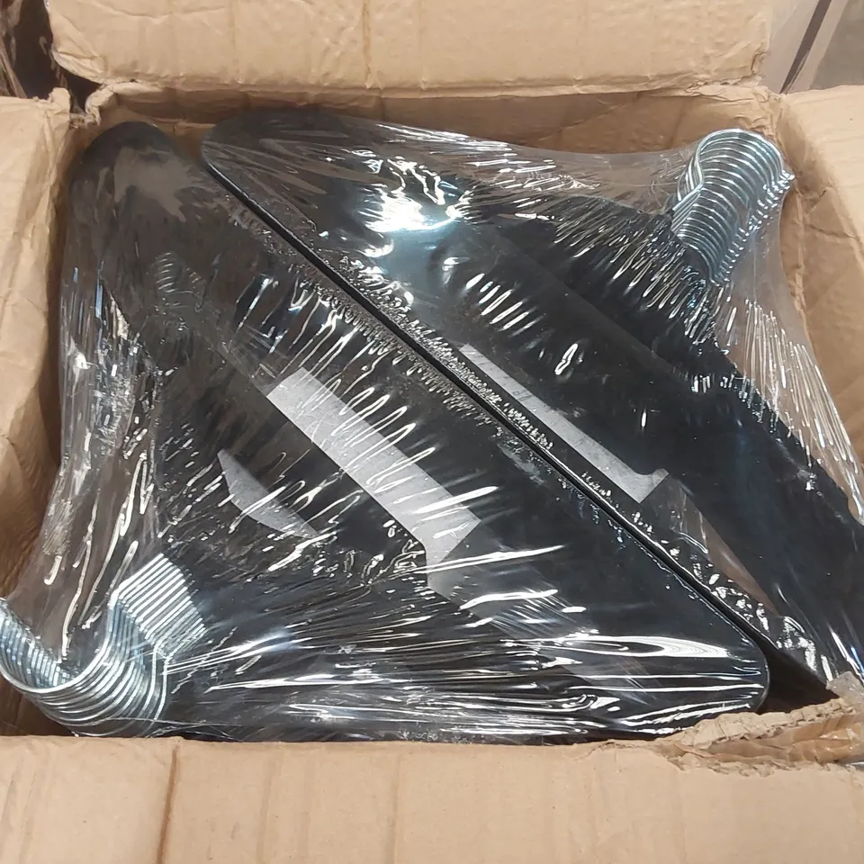 BOX OF APPROXIMATELY 20 KEPLIN BLACK VELVET CLOTHES HANGERS 