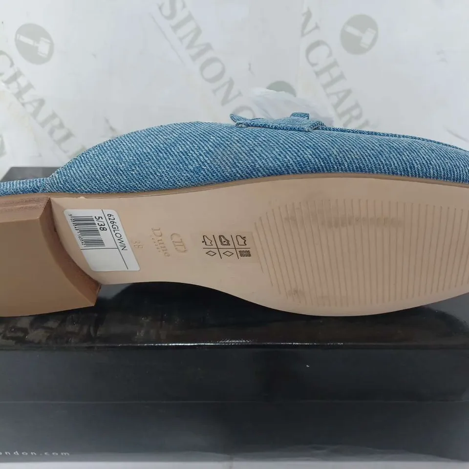 BOXED DUNE LONDON BLUE DENIM FABRIC SLIM SOLE BACKLESS SHOES - SIZE 5