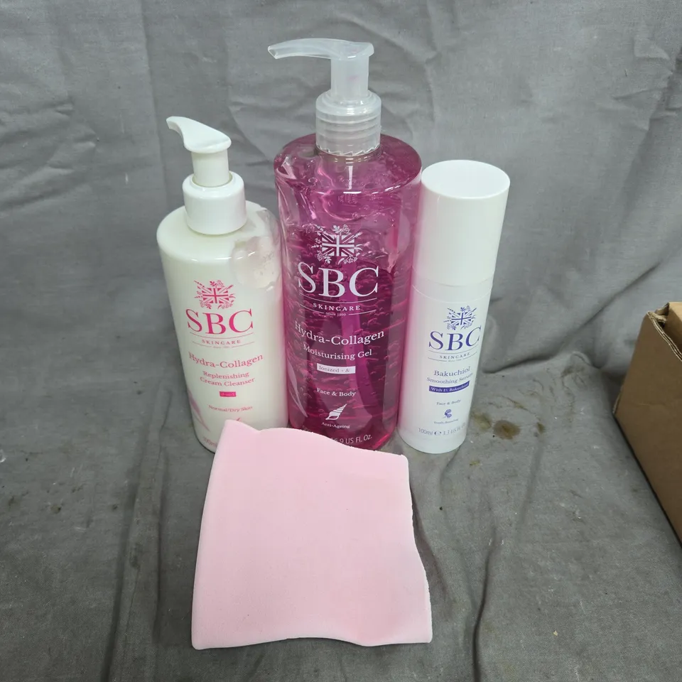 SBC 4PC SKINCARE SET TO INCLUDE SOOTHING SERUM, CREAM CLEANSER, MOISTURISING GEL
