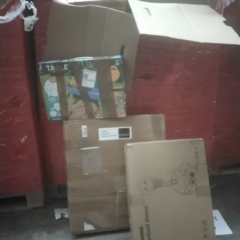 PALLET OF ASSORTED HOUSEHOLD GOODS AND PRODUCTS TO INCLUDE; KIDS TOYS, CERAMIC HOB, BASKETBALL STAND, BOXED FURNITURE ETC