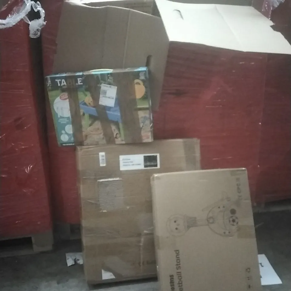 PALLET OF ASSORTED HOUSEHOLD GOODS AND PRODUCTS TO INCLUDE; KIDS TOYS, CERAMIC HOB, BASKETBALL STAND, BOXED FURNITURE ETC