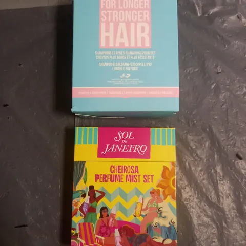 LOT OF 2 ASSORTED COSMETIC BOXSETS TO INCLUDE - HAIRBURST SHAMPOO & CONDITIONER AND SOL DE JANEIRO CHERIOSA PERFUME MIST SET