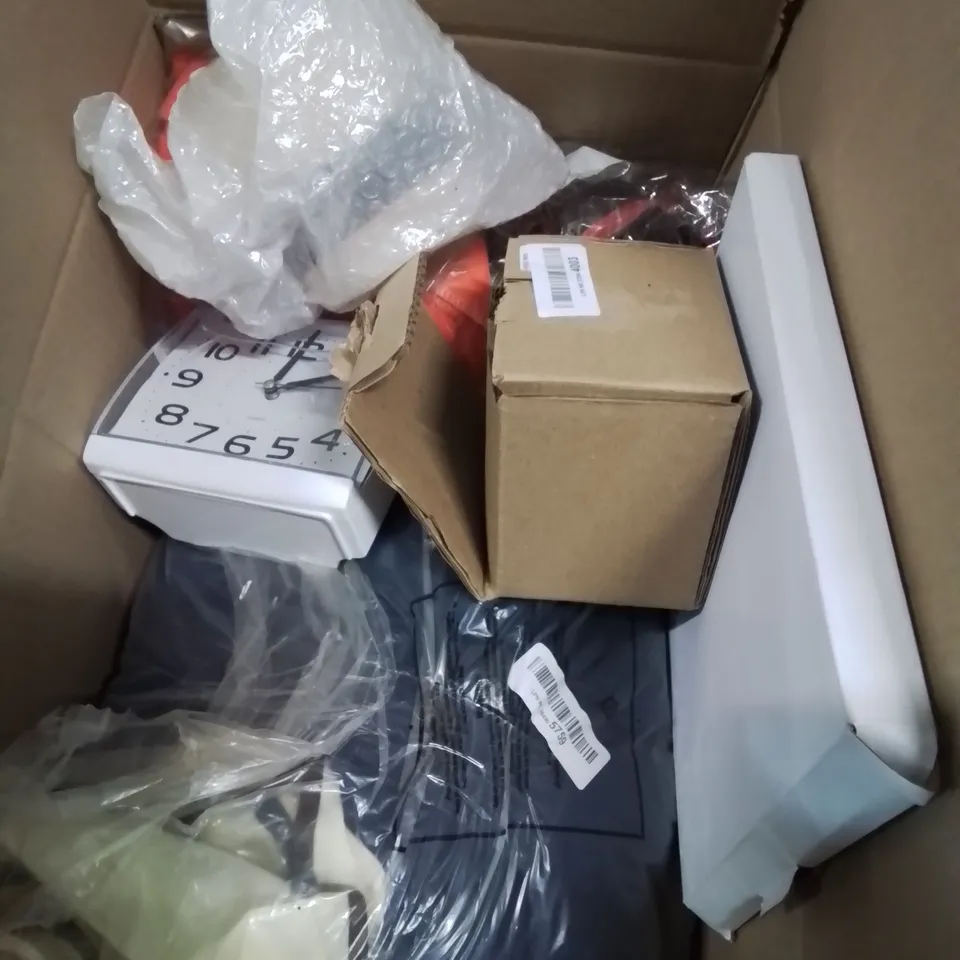 BOX TO CONTAIN ASSORTED HOUSEHOLD GOODS AND PRODUCTS TO INCLUDE; KERRY WALL LIGHT WITH MOTION SENSOR, BATHROOM STORAGE SHELF, STATUS HEATED AIRER COVER ETC