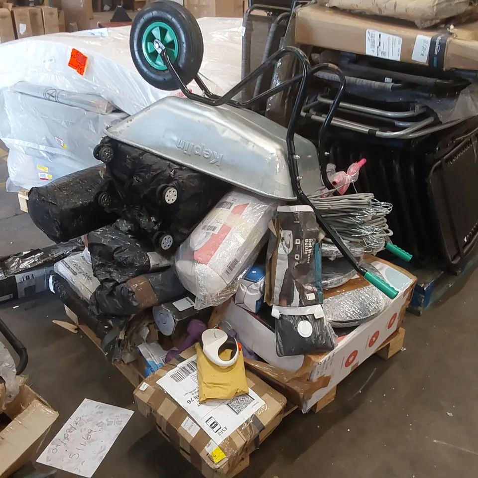 PALLET CONTAINING A LARGE ASSORTMENT OF CONSUMER PRODUCTS INCLUDING: WHEELBARROW, HOT WATER BOTTLE , SUITCASE, DUMBELLS ECT