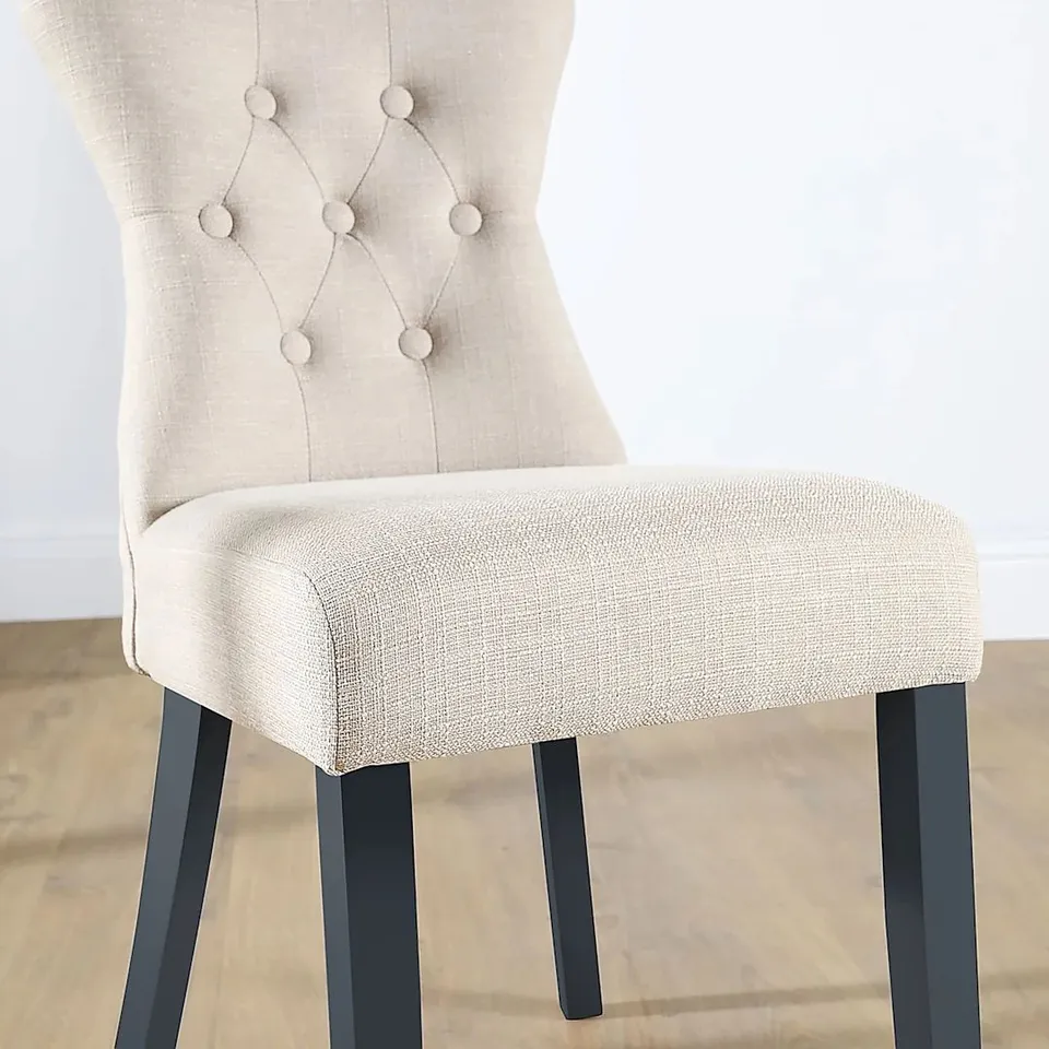 BOXED BEWLEY DINING CHAIR, OATMEAL CLASSIC LINEN-WEAVE FABRIC & SLATE BLUE SOLID HARDWOOD