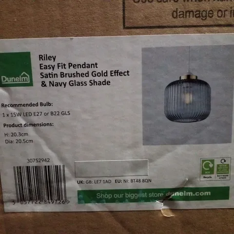 BOXED DUNELM RILEY EASY FIT PENDANT SATIN BRUSHED GOLD EFFECT & NAVY GLASS SHADE