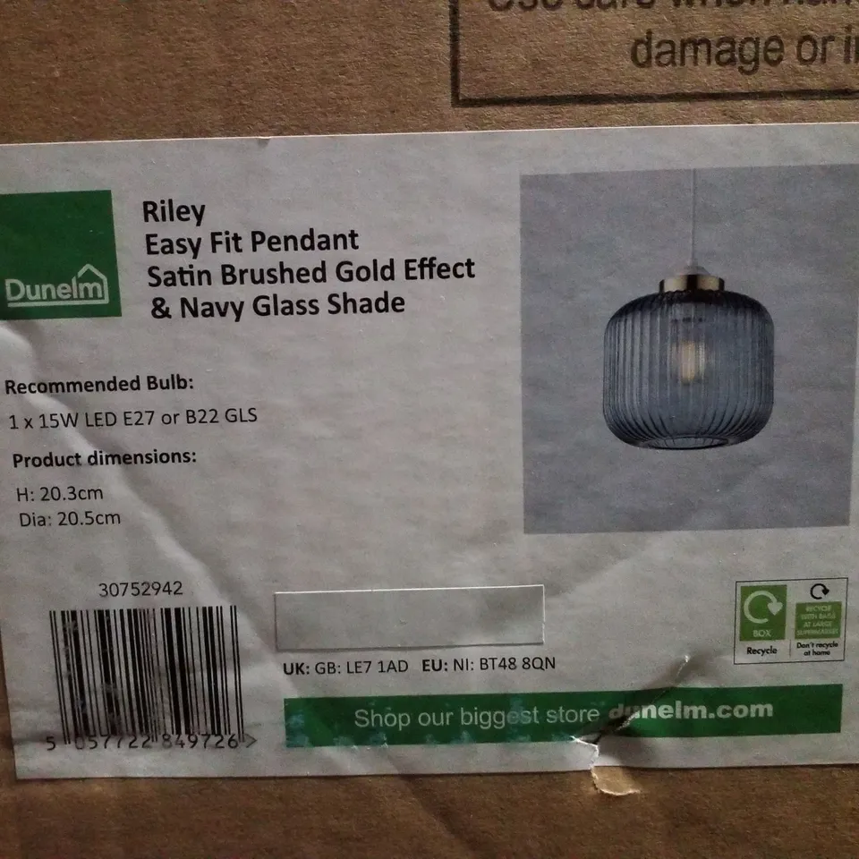 BOXED DUNELM RILEY EASY FIT PENDANT SATIN BRUSHED GOLD EFFECT & NAVY GLASS SHADE