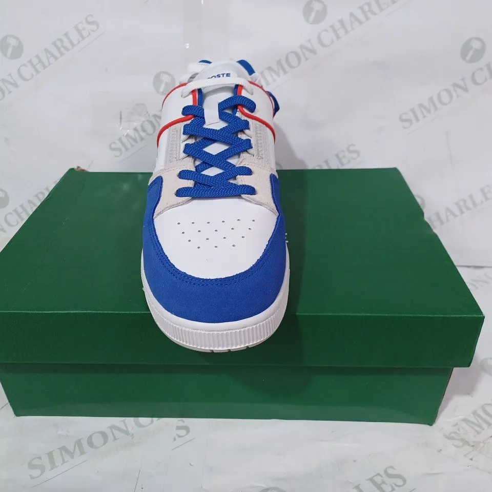 BOXED PAIR OF LACOSTE SHOES IN WHITE/BLUE/RED UK SIZE 10