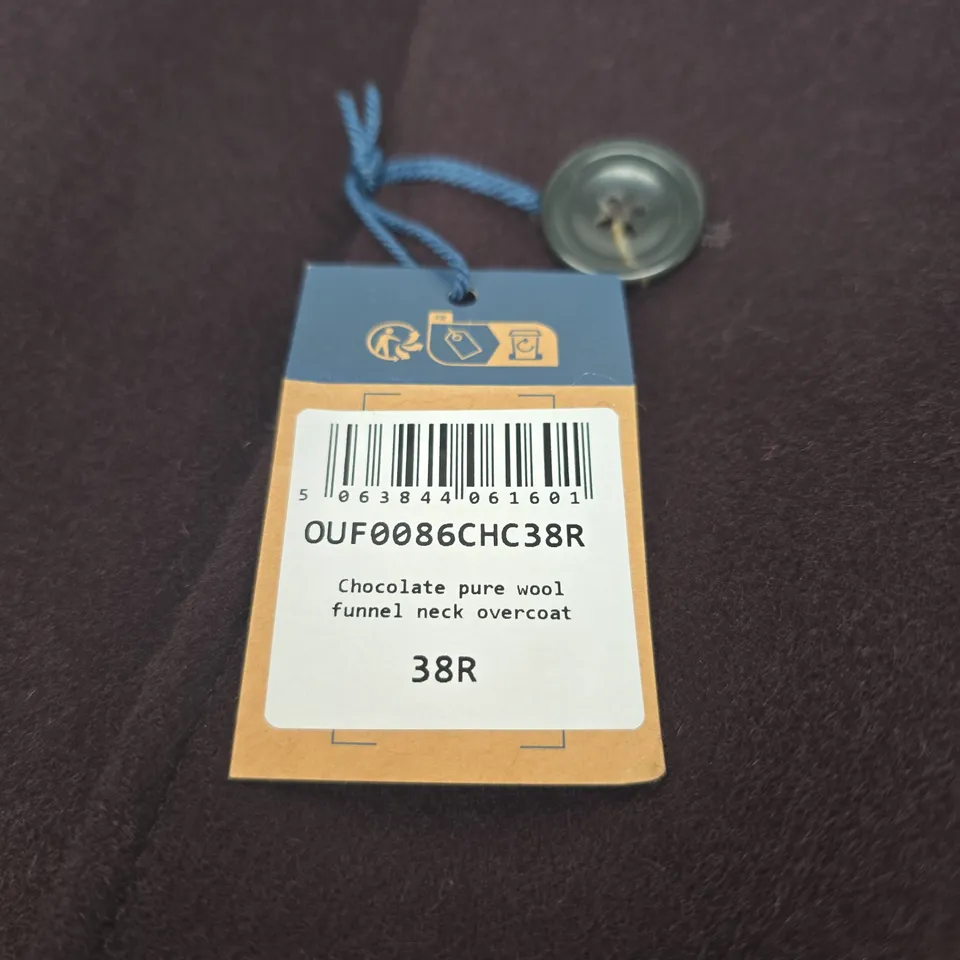 CHARLES TYRWHITT CHOCOLATE PURE WOOL FUNNEL NECK OVERCOAT – UK 38R