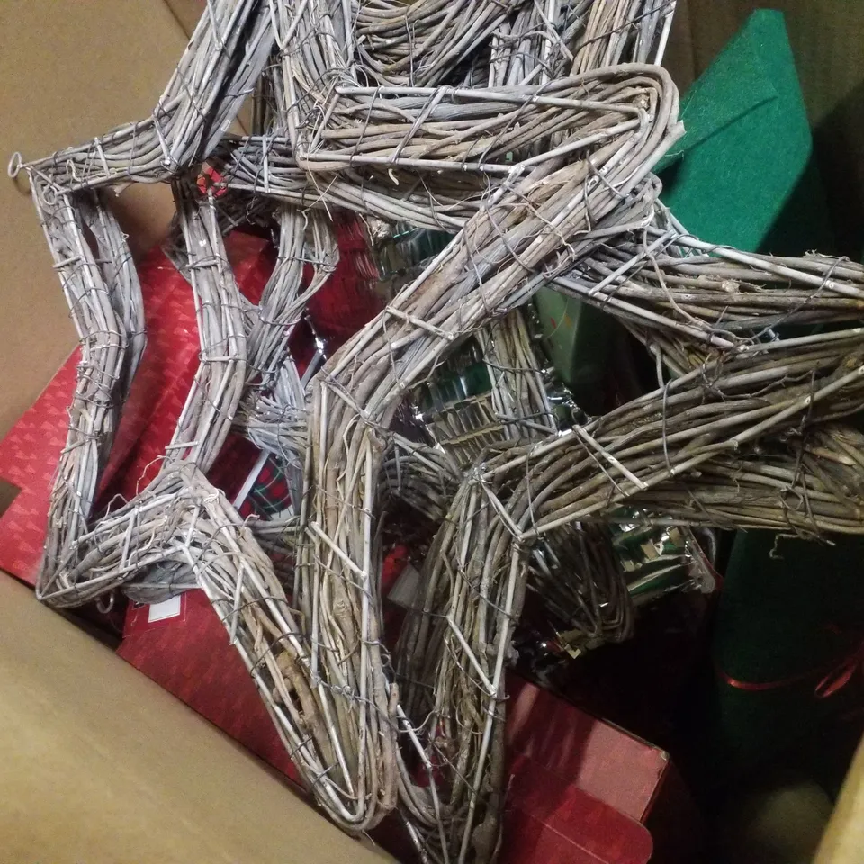 PALLET CONTAINING ASSORTED CHRISTMAS PRODUCTS & DECORATIONS INCLUDING GLASS DECROTIVE JARS, RATTAN STARS, 6-PACK FILLABLE CRACKERS, STOCKING & PERFUME DIFFUSER