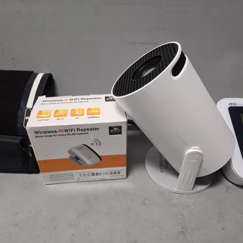 TOTE OF APPROXIMATELY 7 ASSORTED ITEMS TO INCLUDE - WIRELESS WIFI REPEATER , PROJECTOR  , BLOOD PRESSURE MONITOR ETC