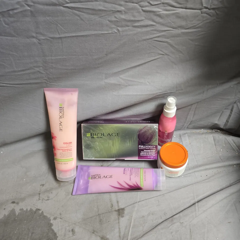 APPROXIMATELY 12 MATRIX HAIR CARE PRODUCTS INCLUDING BIOLAGE FULL DENSITY HAIR SYSTEM/HYDRA SOURCE ALOE CONDITIONER/COLOR LAST ORCHID CONDITIONER/SUN SORIALS SUN REPAIR TREATMENT