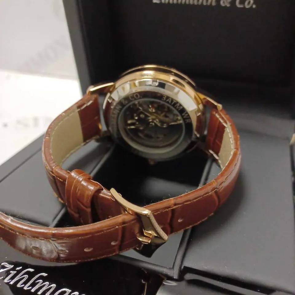 ZIHLMANN & CO GOLD EFFECT SKELETON BROWN LEATHER STRAP WRISTWATCH